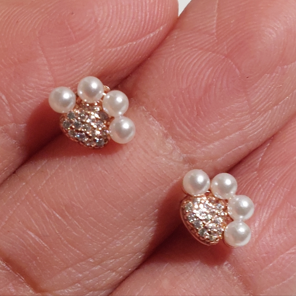 925 Rose Gold Over Sterling Silver CZ And Faux Pearls Paw Shaped Stud Earrings